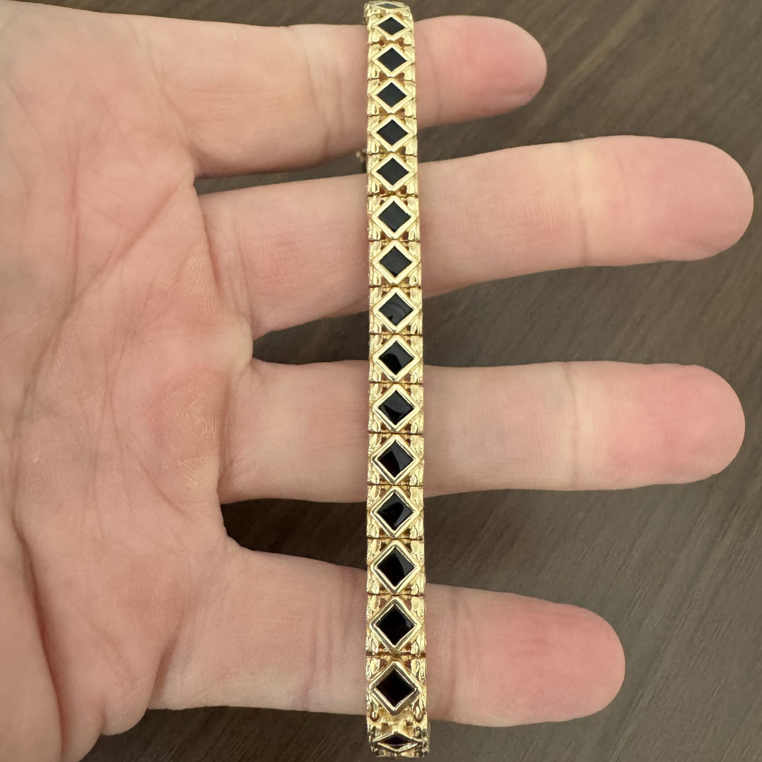 14k Yellow Gold and Onyx 22g Solid Diamond Cut Fancy Link Bracelet 7.5"