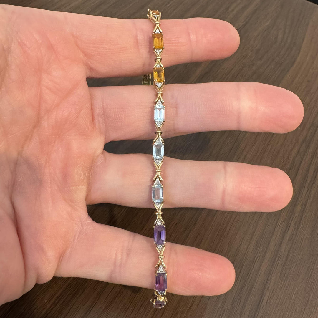 14k Yellow Gold Multi Gemstone and Diamond Fancy Link Bracelet 7"