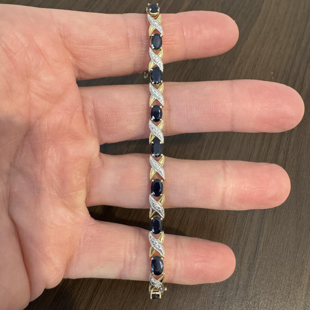 14k Yellow and White Gold Sapphire and Diamond Fancy X Link Bracelet 7.25"