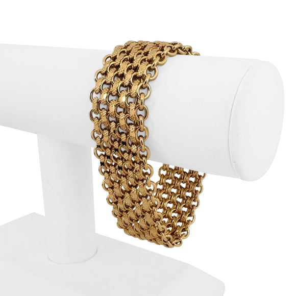 19k Portuguese Yellow Gold 55.4g Ladies Wide 24mm Fancy Link Bracelet 7.75