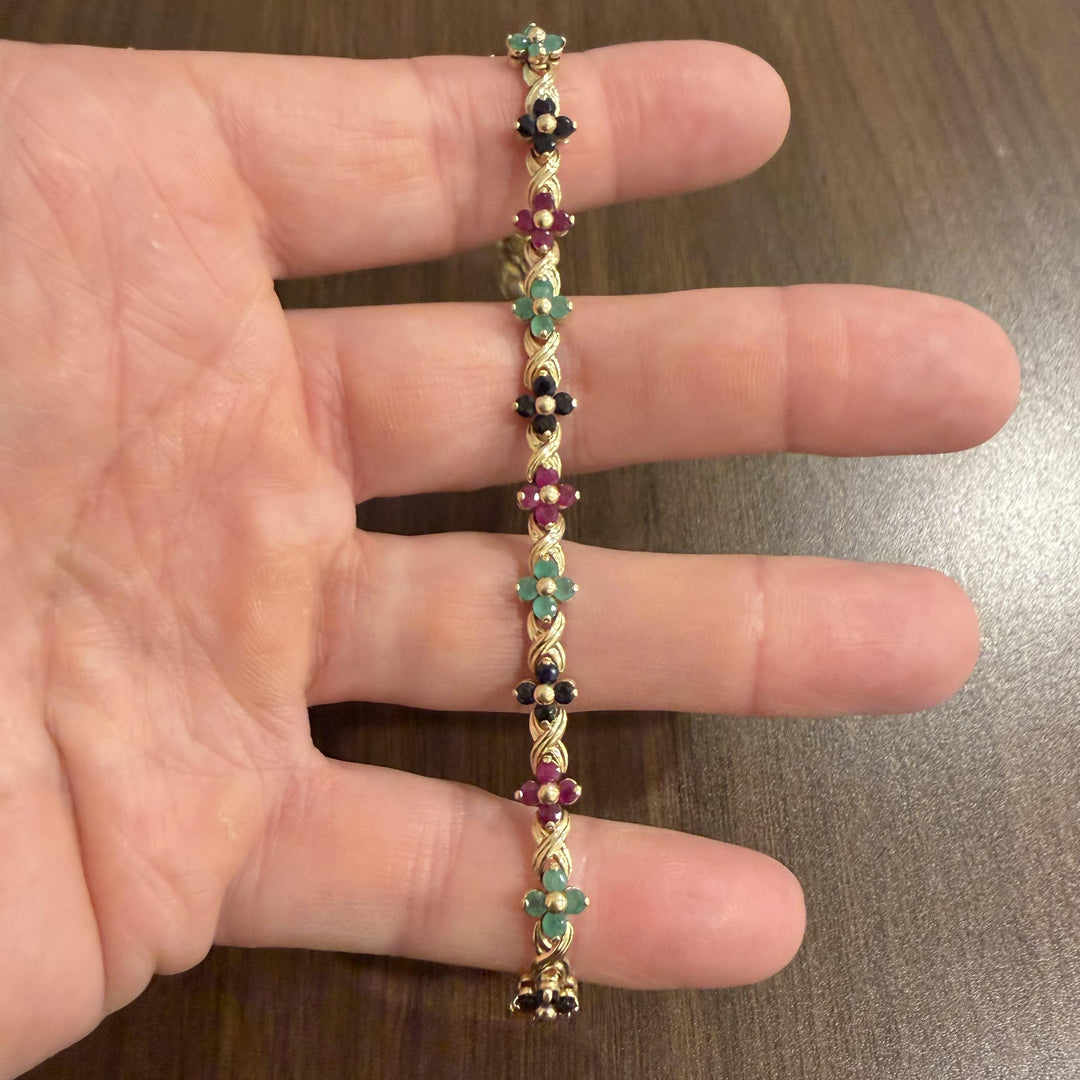 14k Yellow Gold 11g Floral Multi Gemstone Link Bracelet 7.5"