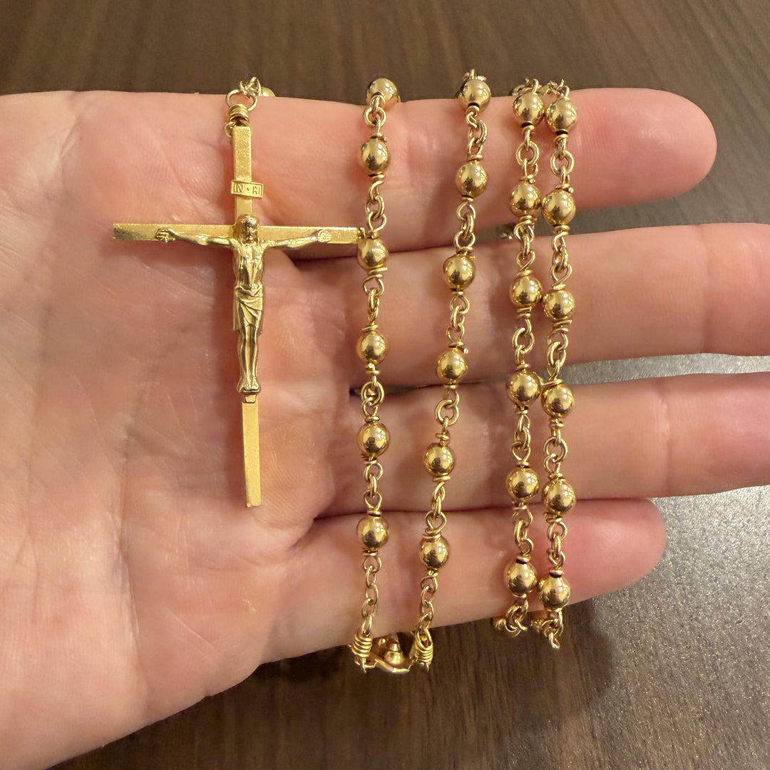 14k Yellow Gold 46.5g Vintage Heavy Beaded Rosary Necklace 32"