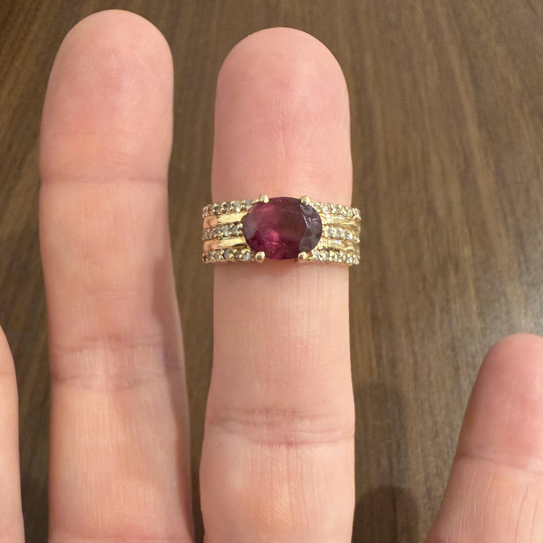 14k Yellow Gold Rhodolite Garnet and 0.25cttw Diamond Ladies Band Ring Size 6.5
