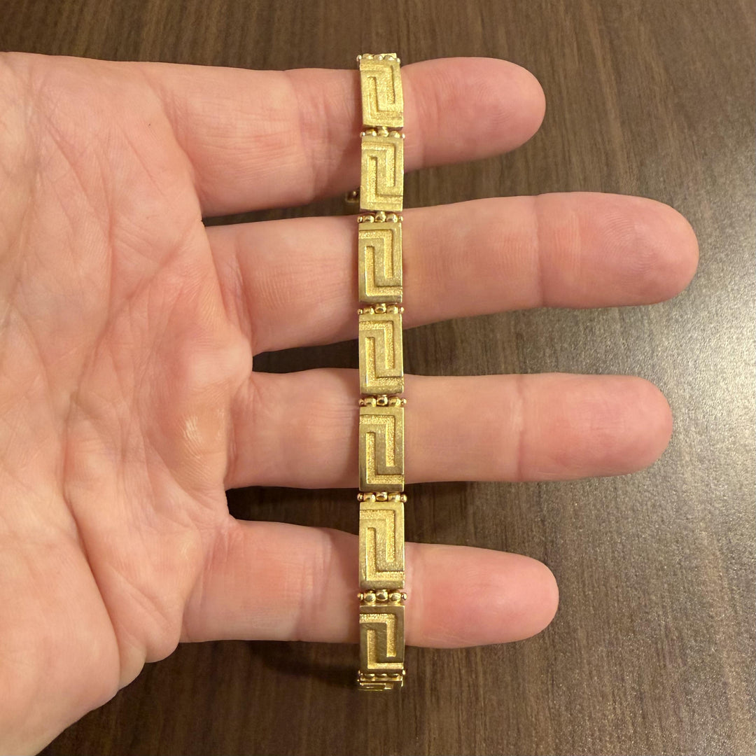 18k Yellow Gold 31.5g Solid Heavy Vintage Greek Key Panel Link Bracelet 7.25"