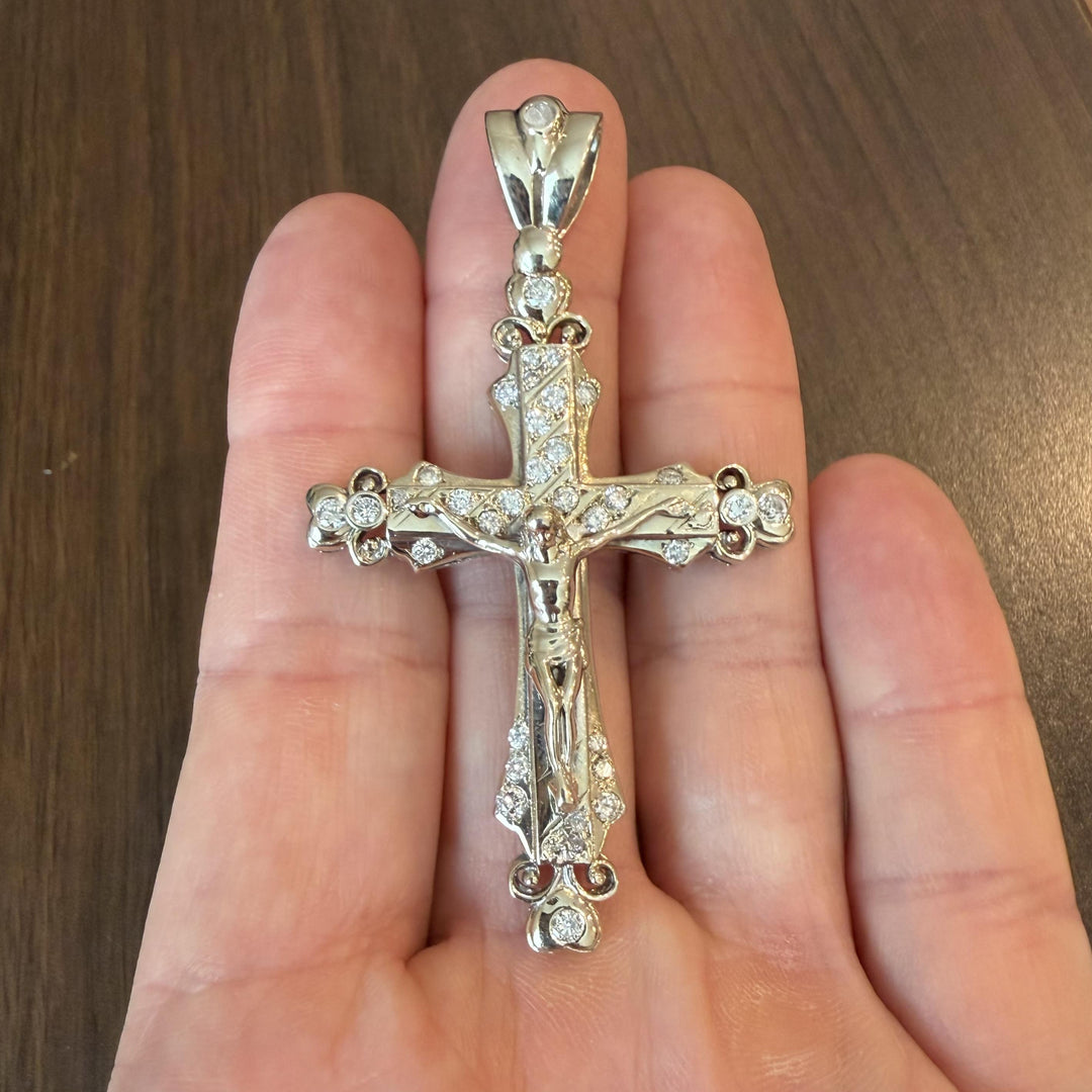 14k White Gold and 1cttw Diamond 16.5g Large Vintage Cross Pendant 3"