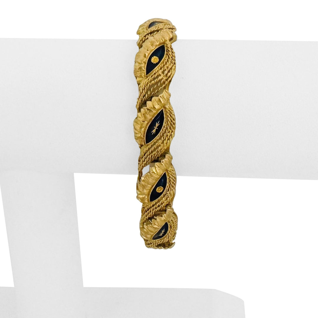 18k Yellow Gold and Blue Enamel 27.8g Solid Vintage Panel Link Bracelet Italy 7"