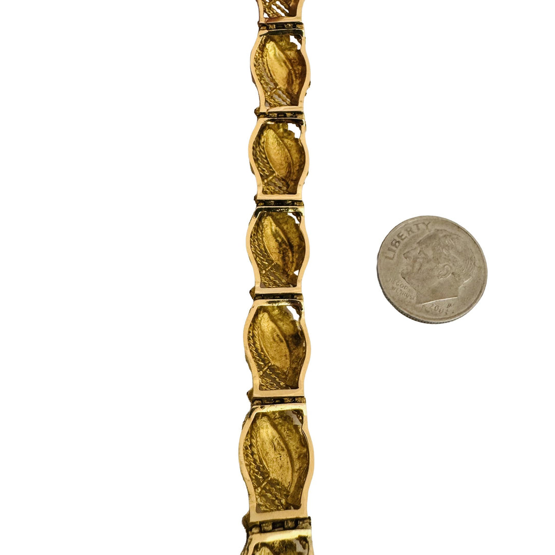 18k Yellow Gold and Blue Enamel 27.8g Solid Vintage Panel Link Bracelet Italy 7"