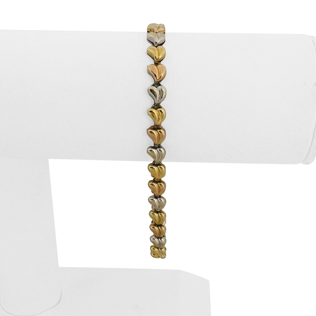 18k Yellow White and Rose Gold 6.8g Fancy Heart Link Bracelet 7.5"