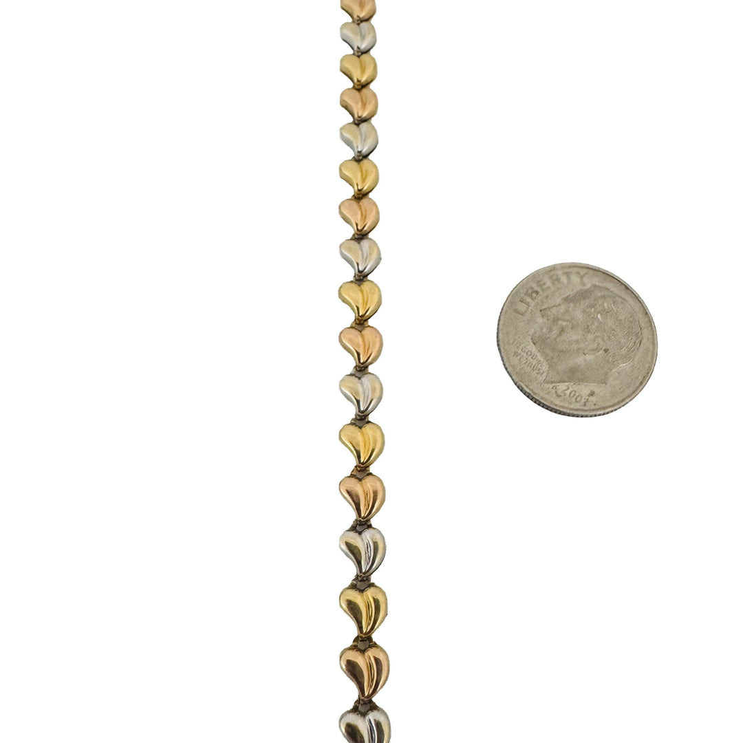 18k Yellow White and Rose Gold 6.8g Fancy Heart Link Bracelet 7.5"