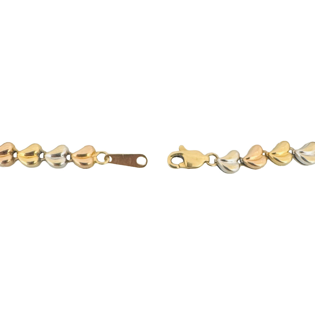 18k Yellow White and Rose Gold 6.8g Fancy Heart Link Bracelet 7.5"