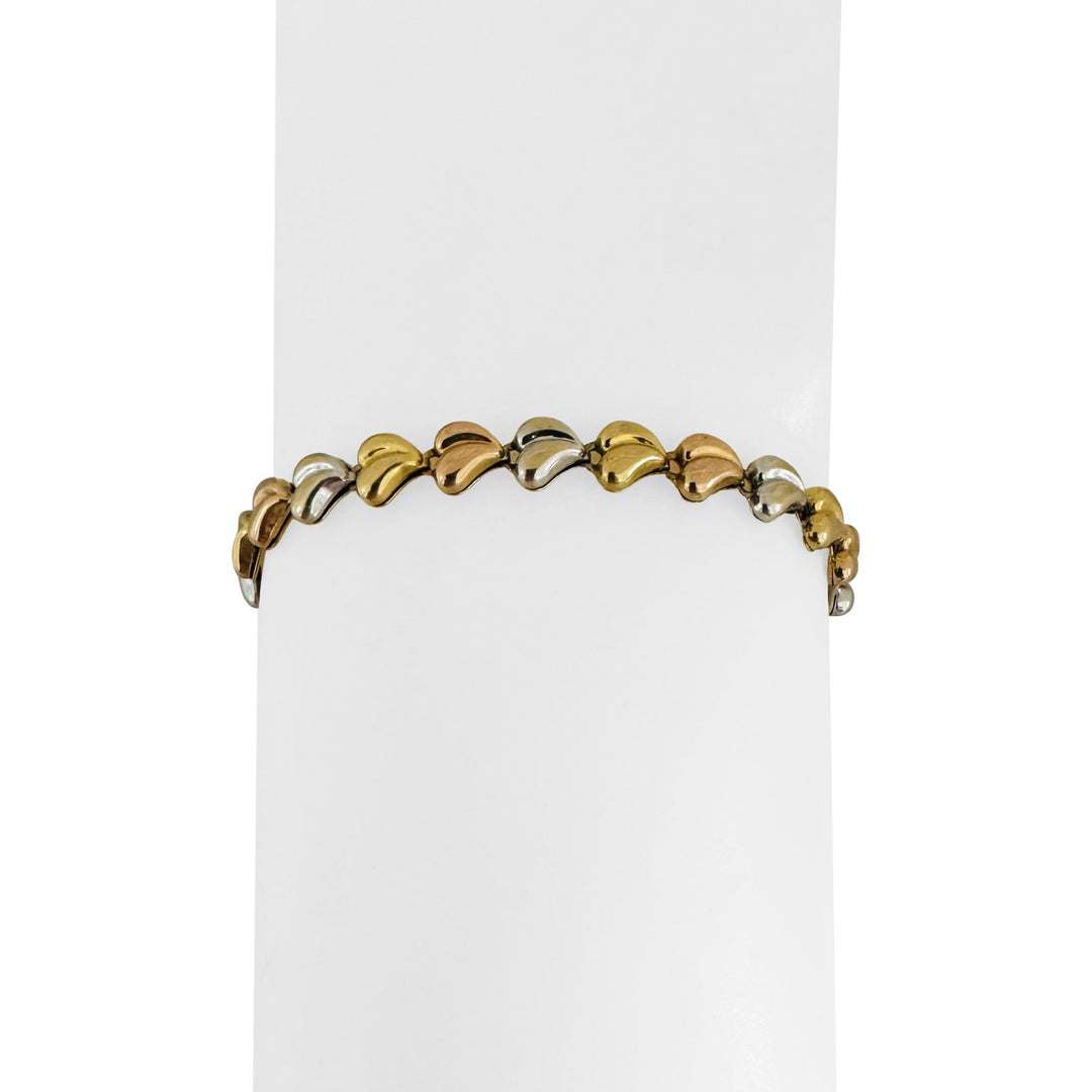 18k Yellow White and Rose Gold 6.8g Fancy Heart Link Bracelet 7.5"