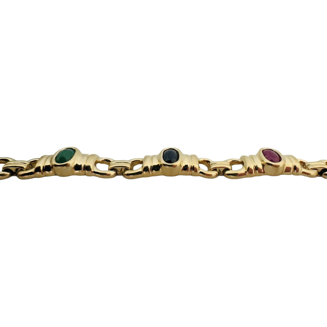 14k Yellow Gold 18.2g Bezel Set Sapphire Emerald and Ruby Link Bracelet 7"