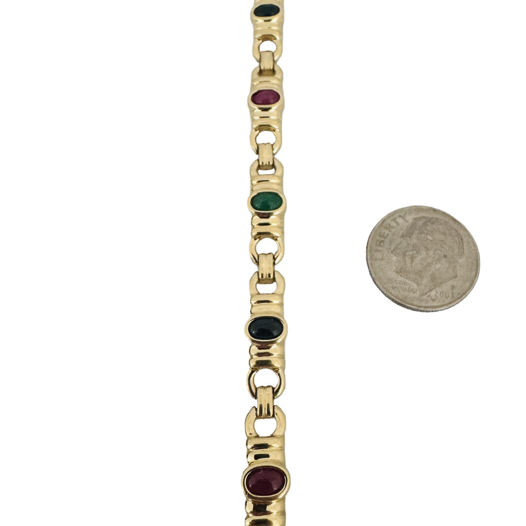 14k Yellow Gold 18.2g Bezel Set Sapphire Emerald and Ruby Link Bracelet 7"