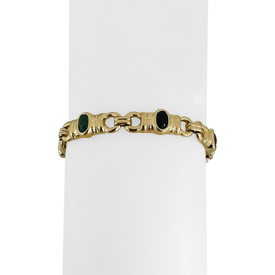 14k Yellow Gold 18.2g Bezel Set Sapphire Emerald and Ruby Link Bracelet 7"