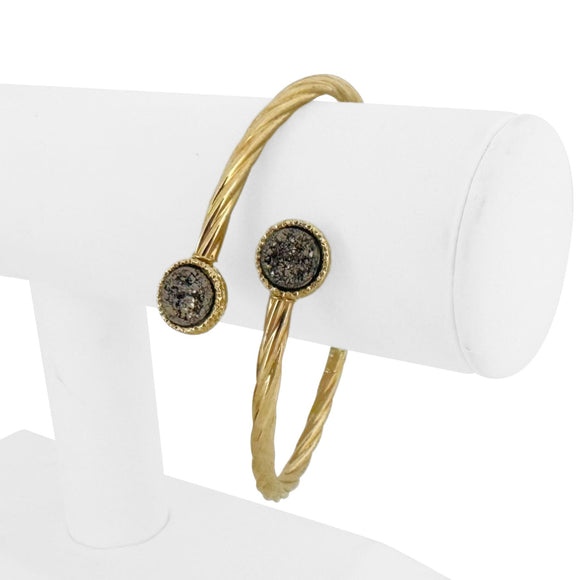 14k Yellow Gold and Metallic Druzy Quartz Crystal Bypass Bangle Bracelet 7.5