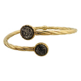 14k Yellow Gold and Metallic Druzy Quartz Crystal Bypass Bangle Bracelet 7.5"