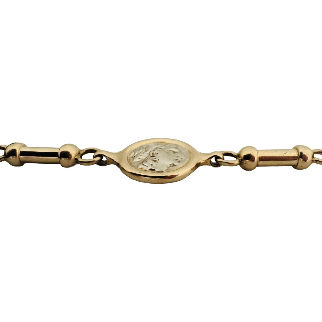 14k Yellow and White Gold 27g Solid Coin Medallion Station Bar Link Bracelet 8"