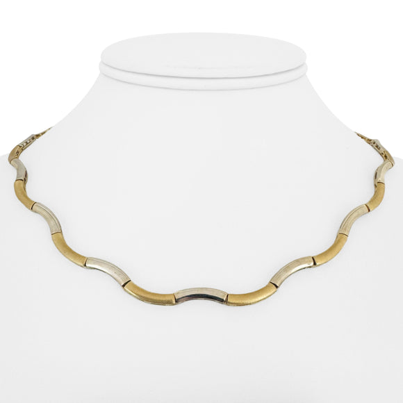 14k Yellow and White Gold 18.6g Two Tone Fancy Wave Link Necklace 17
