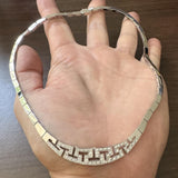 18k White Gold and Diamond 34g Greek Key Bar Link Necklace 17"