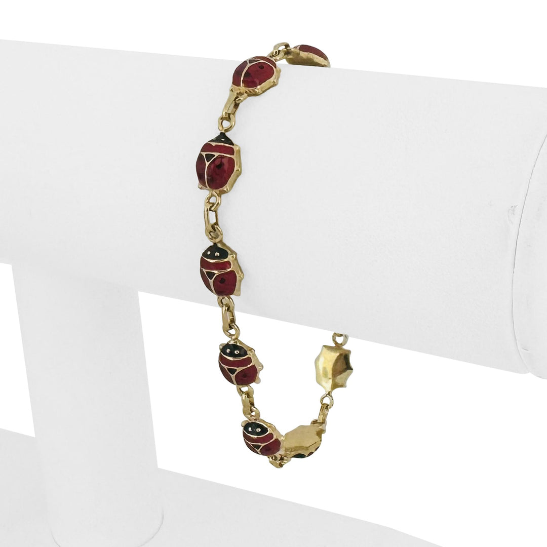 14k Yellow Gold and Enamel 5.9g Light Hollow Ladybug Link Bracelet Italy 7"