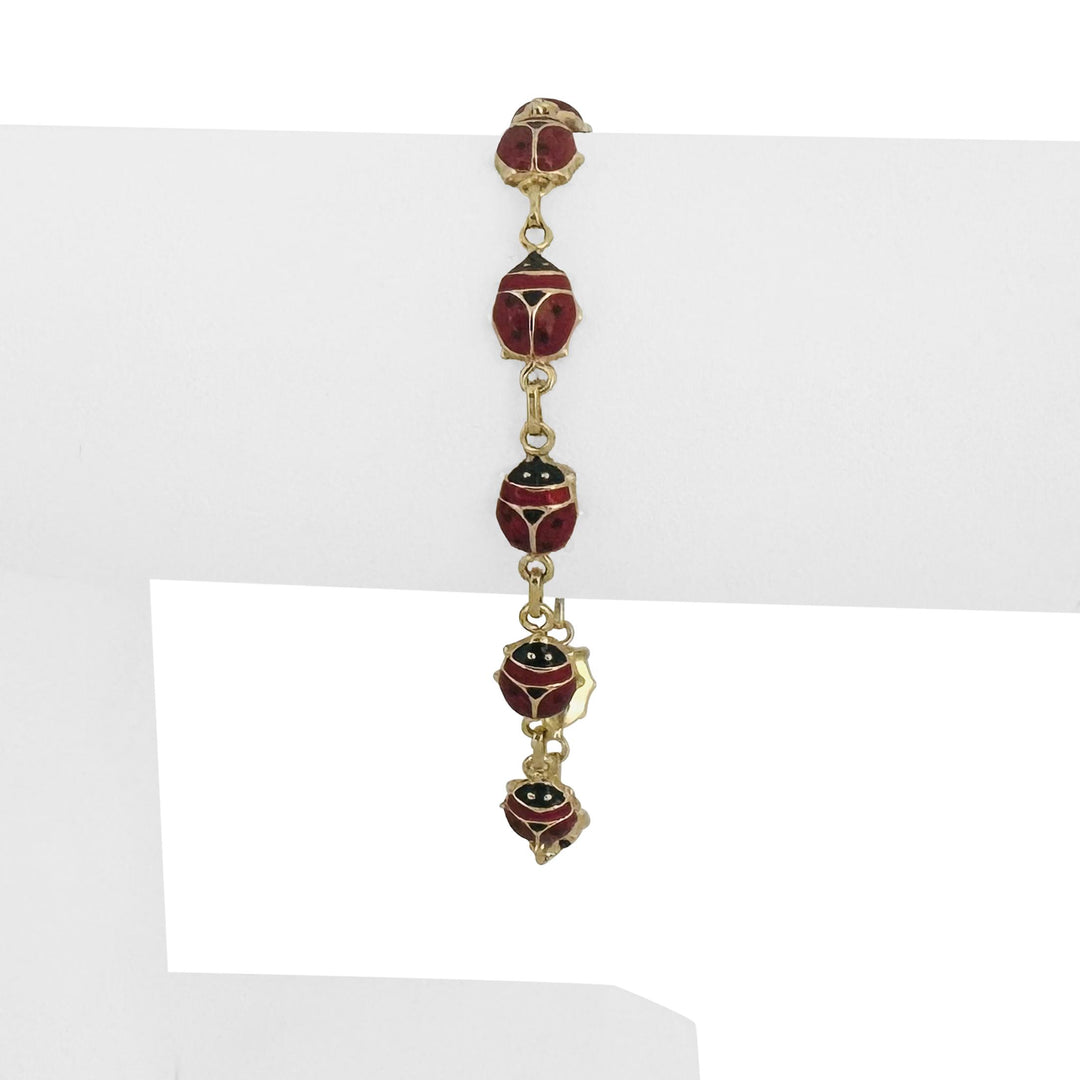 14k Yellow Gold and Enamel 5.9g Light Hollow Ladybug Link Bracelet Italy 7"