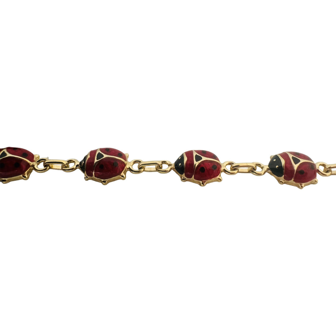 14k Yellow Gold and Enamel 5.9g Light Hollow Ladybug Link Bracelet Italy 7"