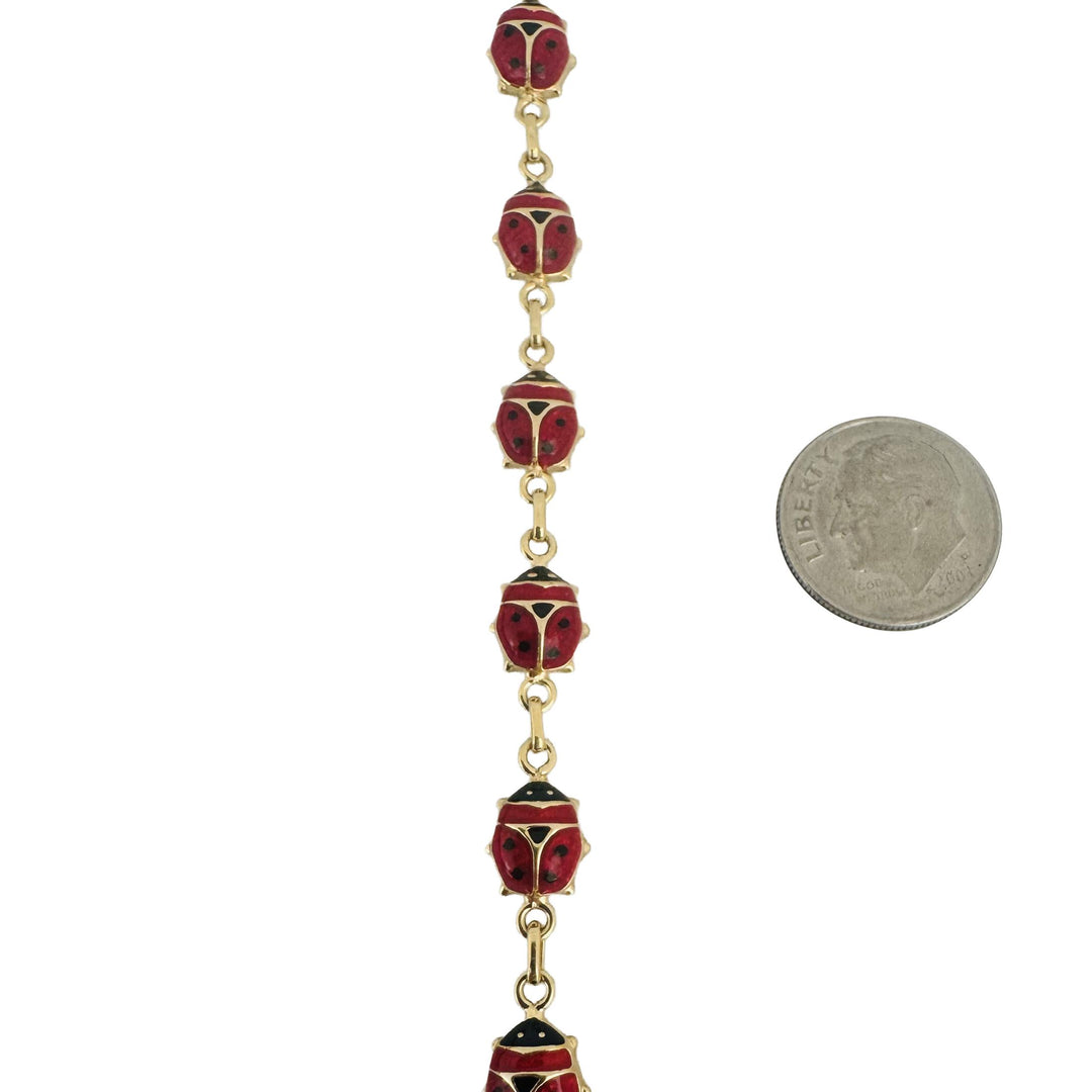 14k Yellow Gold and Enamel 5.9g Light Hollow Ladybug Link Bracelet Italy 7"