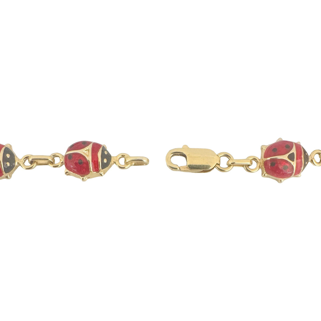 14k Yellow Gold and Enamel 5.9g Light Hollow Ladybug Link Bracelet Italy 7"