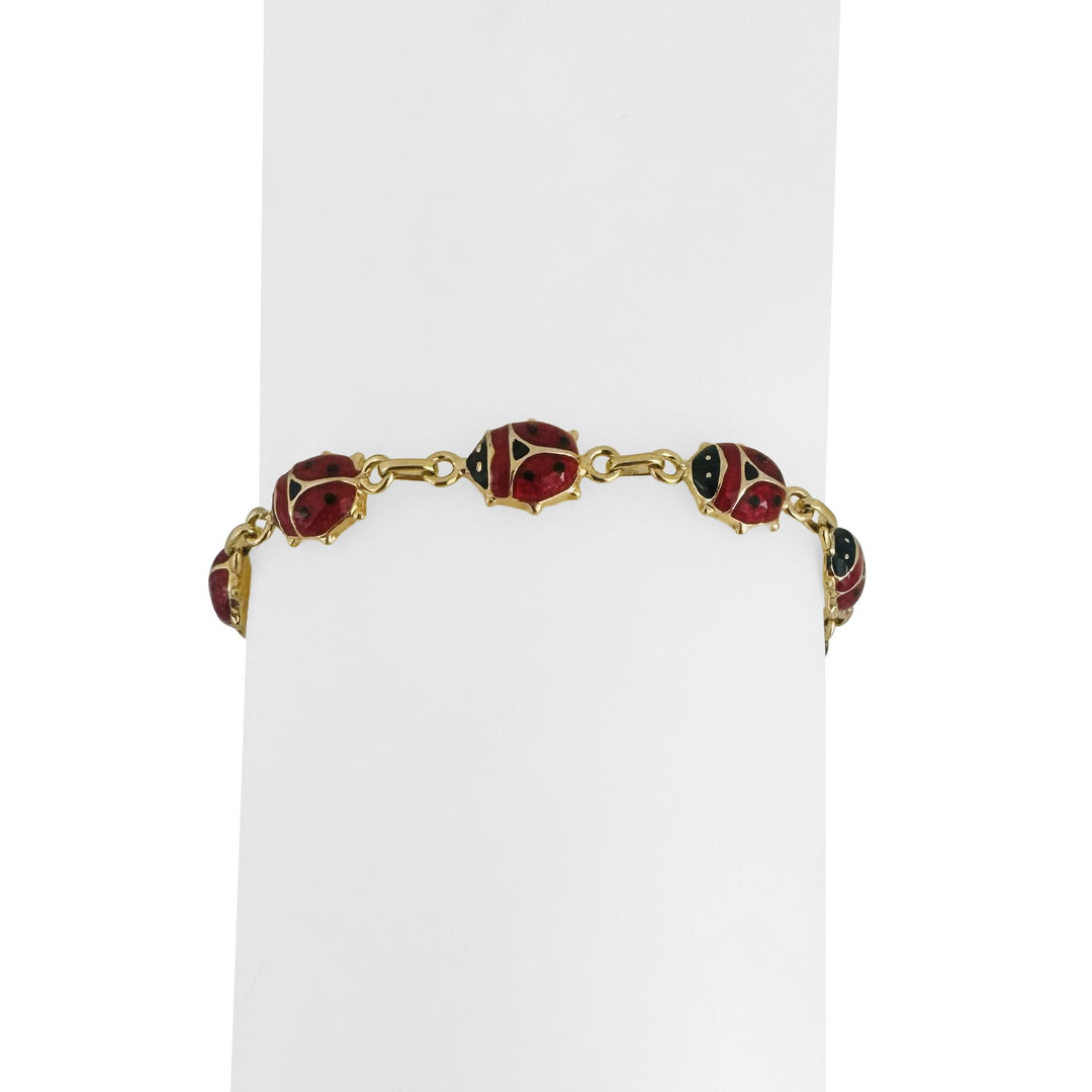 14k Yellow Gold and Enamel 5.9g Light Hollow Ladybug Link Bracelet Italy 7"