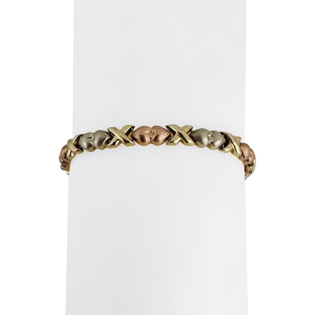 14k Yellow White and Rose Gold 8.3g Ladies XO Link Bracelet 7"