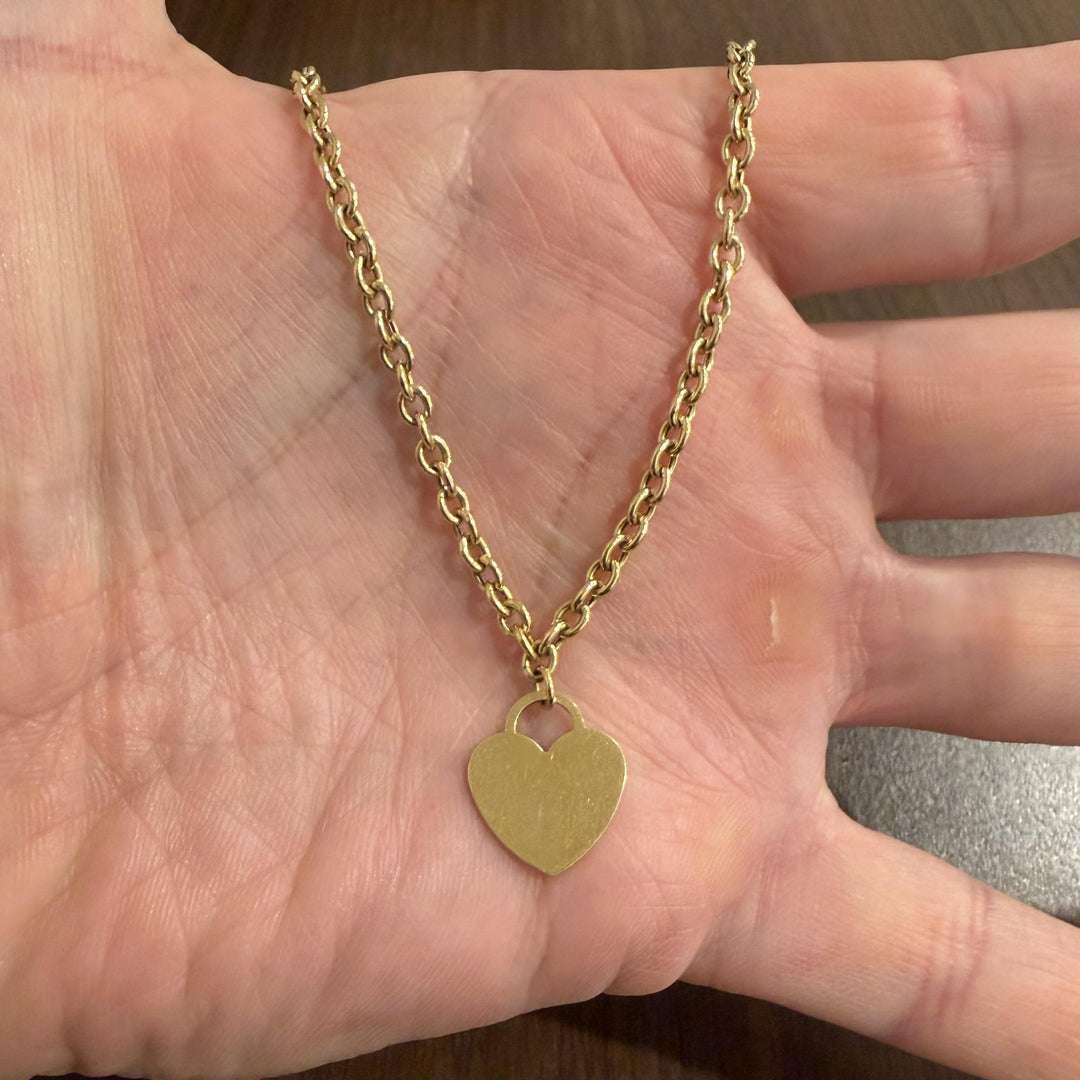 18k Yellow Gold 9.7g Hollow Cable Link Heart Charm Chain Necklace Italy 18"