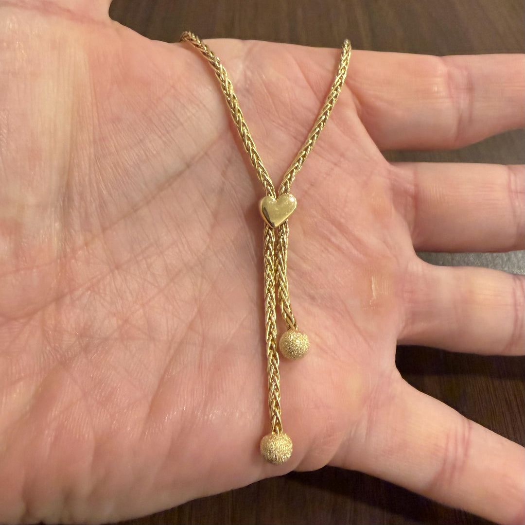 14k Yellow Gold 9.4g Ladies Wheat Link Heart Connector Lariat Necklace Italy 16"