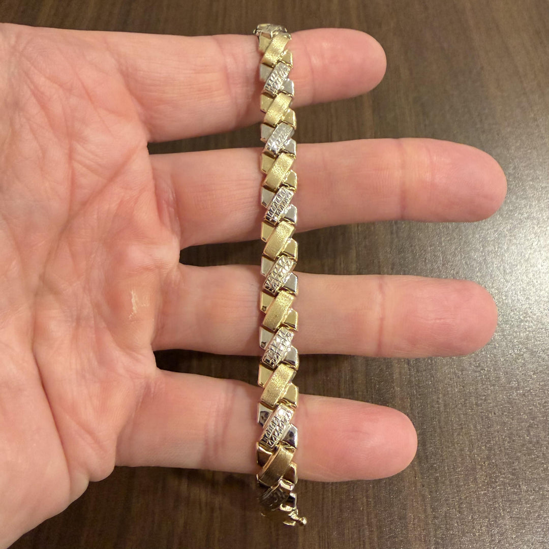 14k Yellow and White Gold 10.3g Ladies 9mm Fancy X Link Bracelet 7"