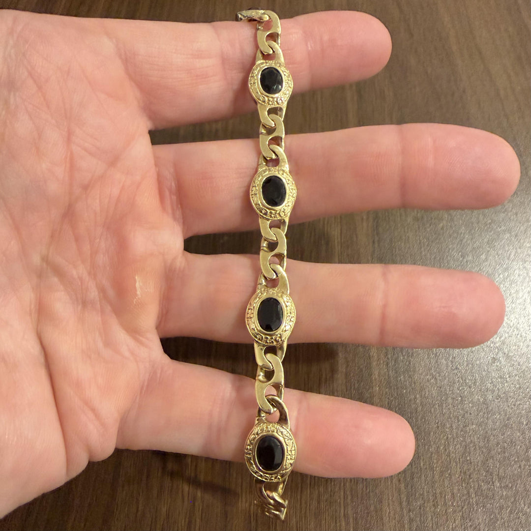 14k Yellow Gold and Onyx 17.8g Solid Curb Link Station Bracelet 7"