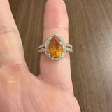 18k White Gold 2.38ct Pear Cut Citrine and Diamond Halo Ring Size 7