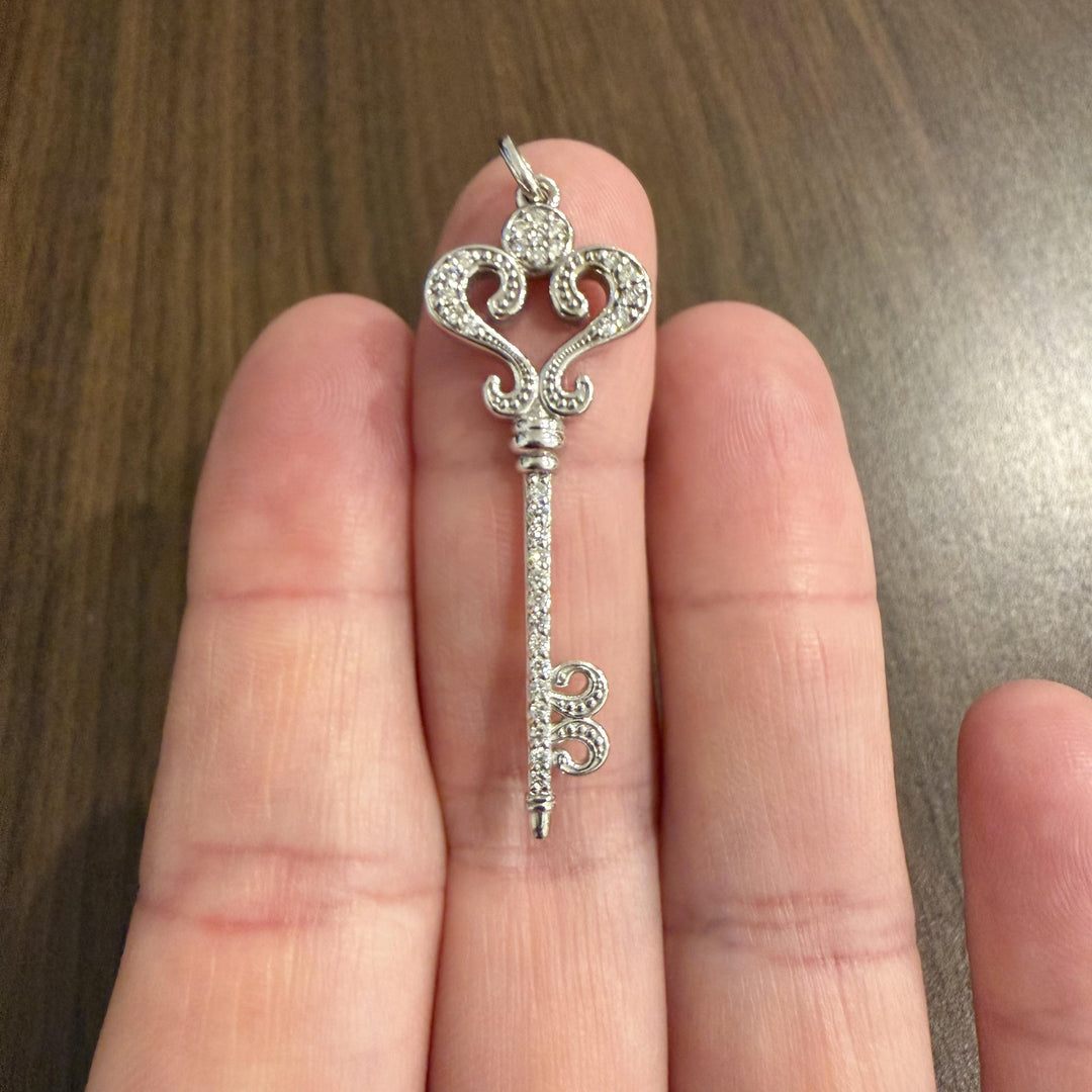 14k White Gold and 0.45cttw Diamond Vintage Large Key Pendant 2"
