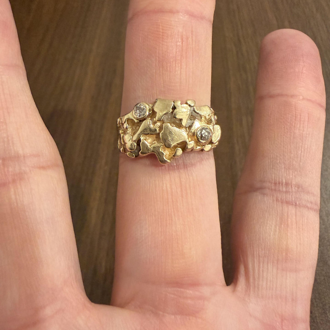 14k Yellow Gold and Diamond Vintage Men's Solid Nugget Ring Size 10.5