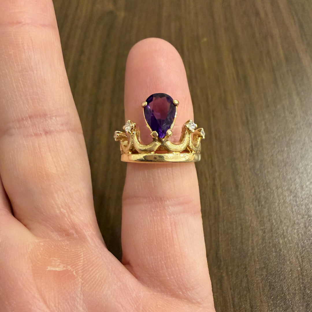 14k Yellow Gold Amethyst and Diamond Vintage Crown Ring Size 5