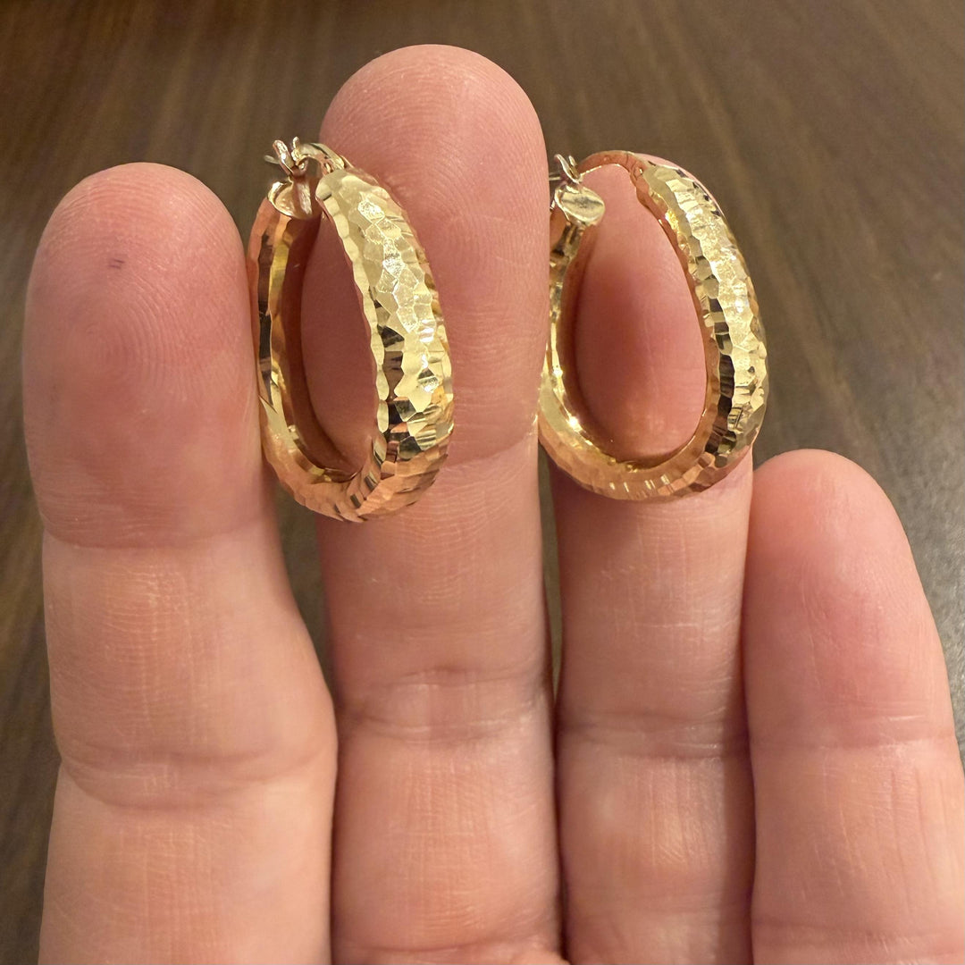 14k Yellow Gold 5.9g Hollow Faceted Hammered Hoop Earrings Italy 1"