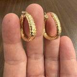 14k Yellow Gold 5.9g Hollow Faceted Hammered Hoop Earrings Italy 1"