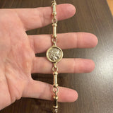 14k Yellow and White Gold 27g Solid Coin Medallion Station Bar Link Bracelet 8"