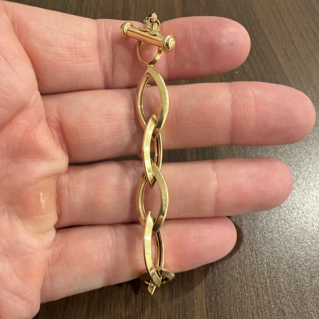 14k Yellow Gold 9.2g Ladies 11mm Marquise Link Toggle T Bar Bracelet Italy 7.5"