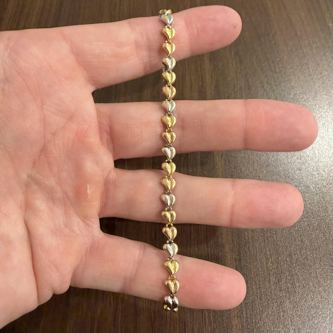 18k Yellow White and Rose Gold 6.8g Fancy Heart Link Bracelet 7.5"
