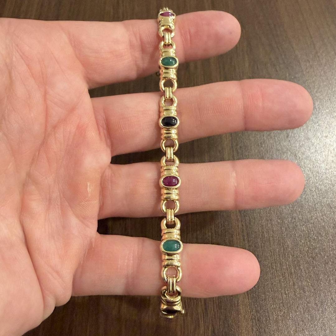 14k Yellow Gold 18.2g Bezel Set Sapphire Emerald and Ruby Link Bracelet 7"