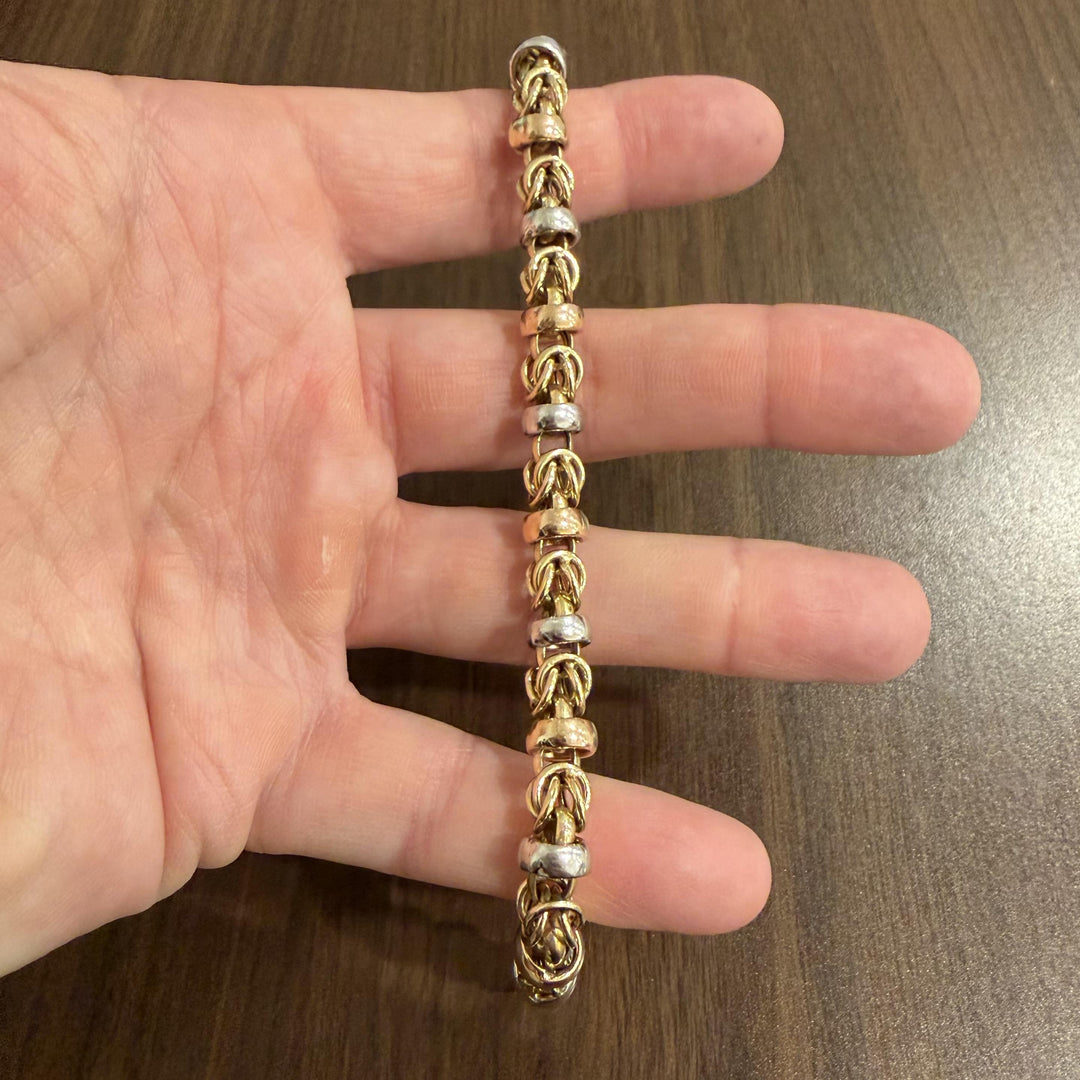 14k Yellow White and Rose Gold 15.5g Ladies Fancy Byzantine Link Bracelet 8"
