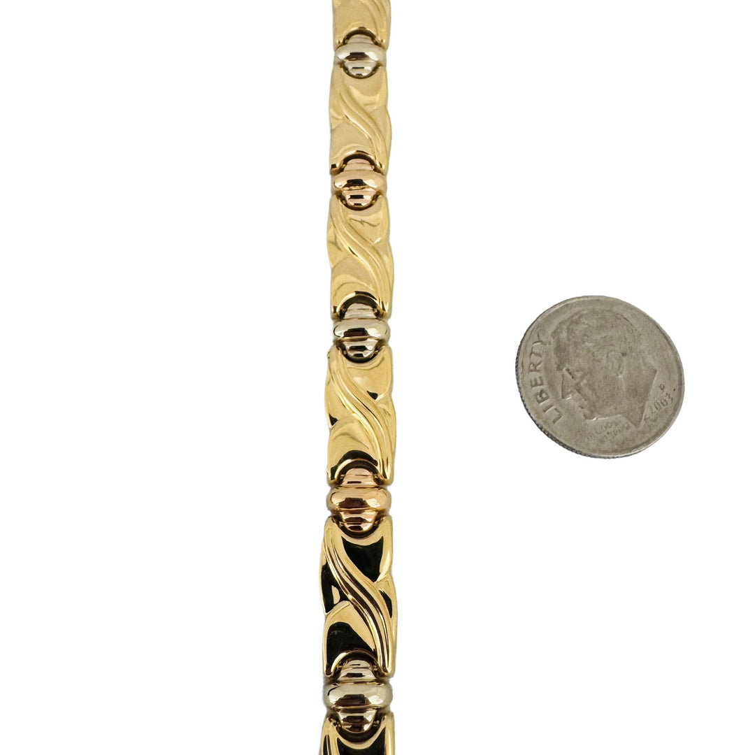 18k Yellow White and Rose Gold 19g Fancy Panel Link Bracelet 7.25"