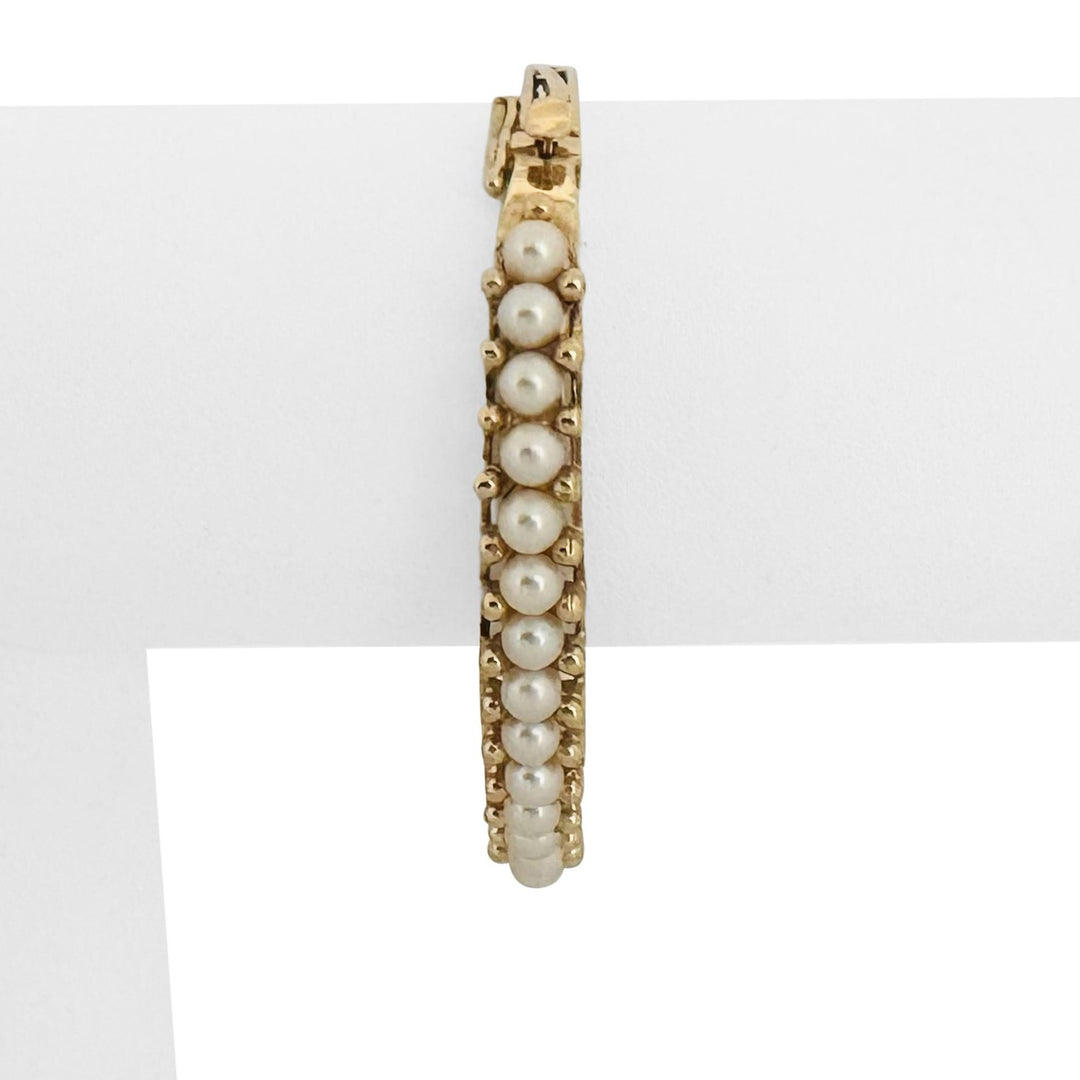 14k Yellow Gold and Pearl 17.6 Solid Vintage Bangle Bracelet 6.25"