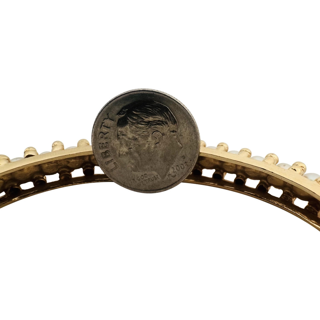 14k Yellow Gold and Pearl 17.6 Solid Vintage Bangle Bracelet 6.25"
