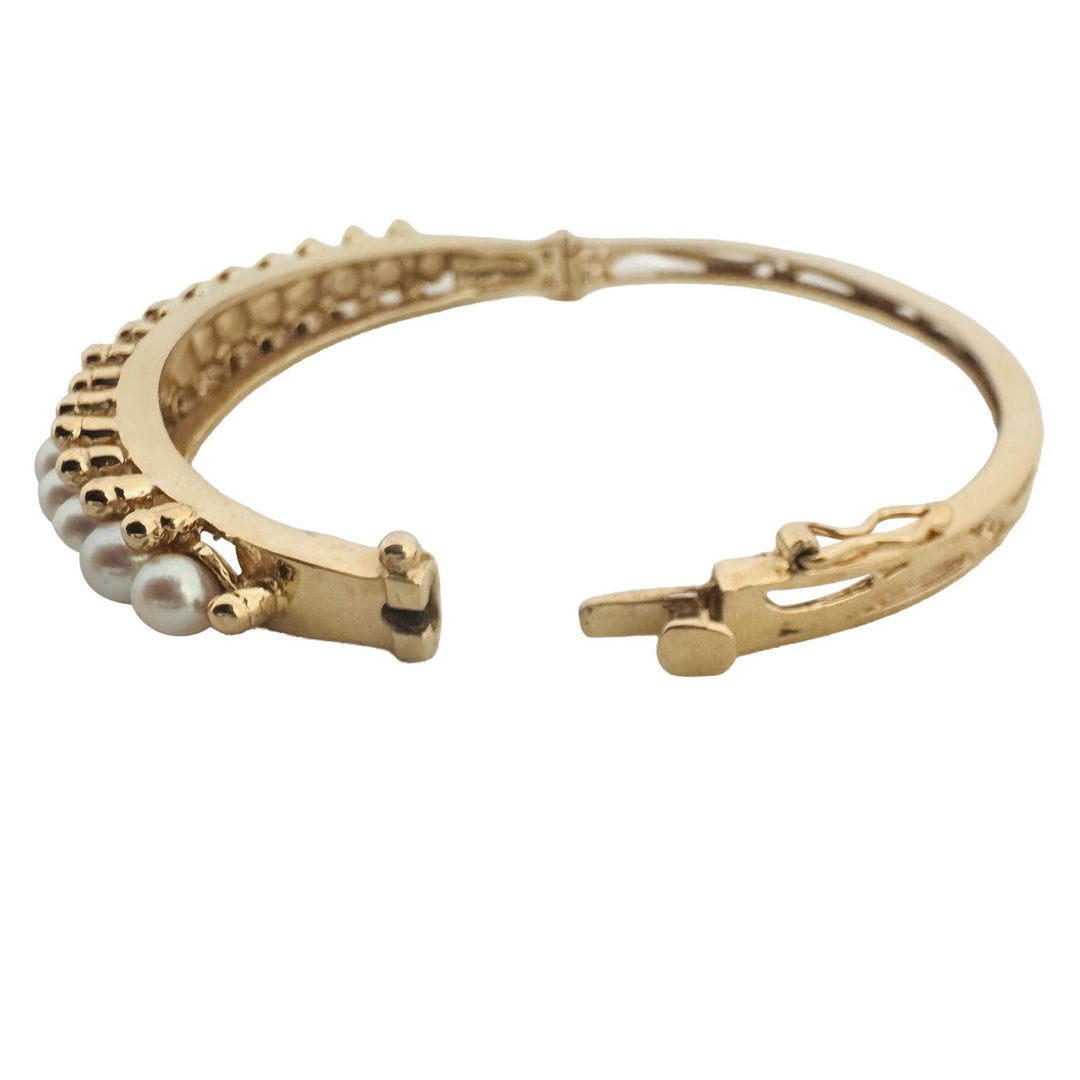 14k Yellow Gold and Pearl 17.6 Solid Vintage Bangle Bracelet 6.25"