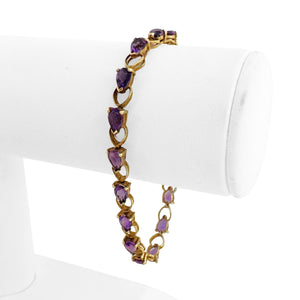 14k Yellow Gold and Amethyst 8.9g Ladies Vintage Heart Link Bracelet 7.25"